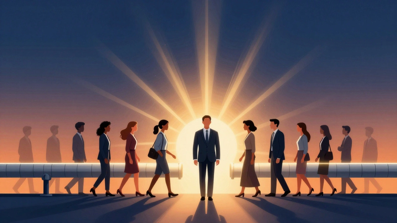 A glowing pipeline of new clients entering a business hub, with fading figures in the background.