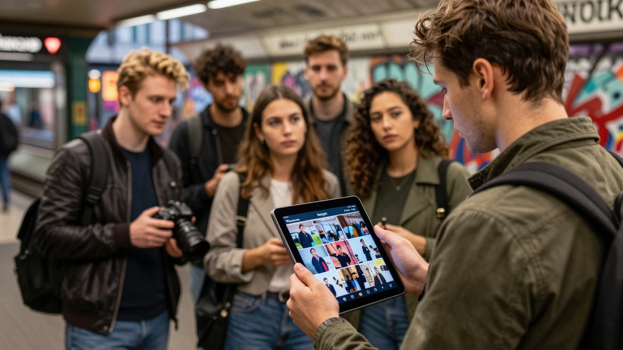 A photographer in Berlin sharing reels with curious young professionals at a subway station.