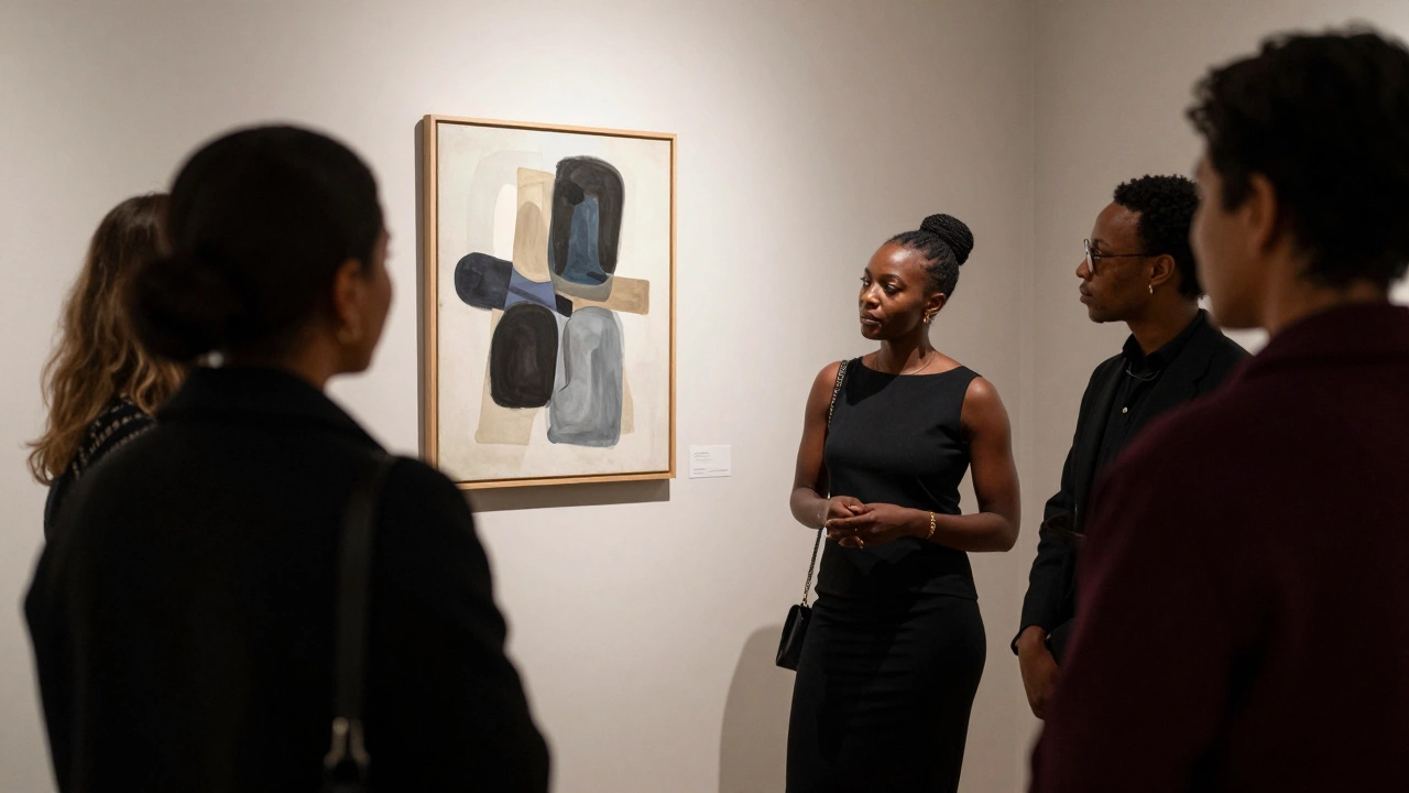 A poised woman of African heritage discusses art with guests at a Paris gallery opening, surrounded by muted tones and soft spotlighting.