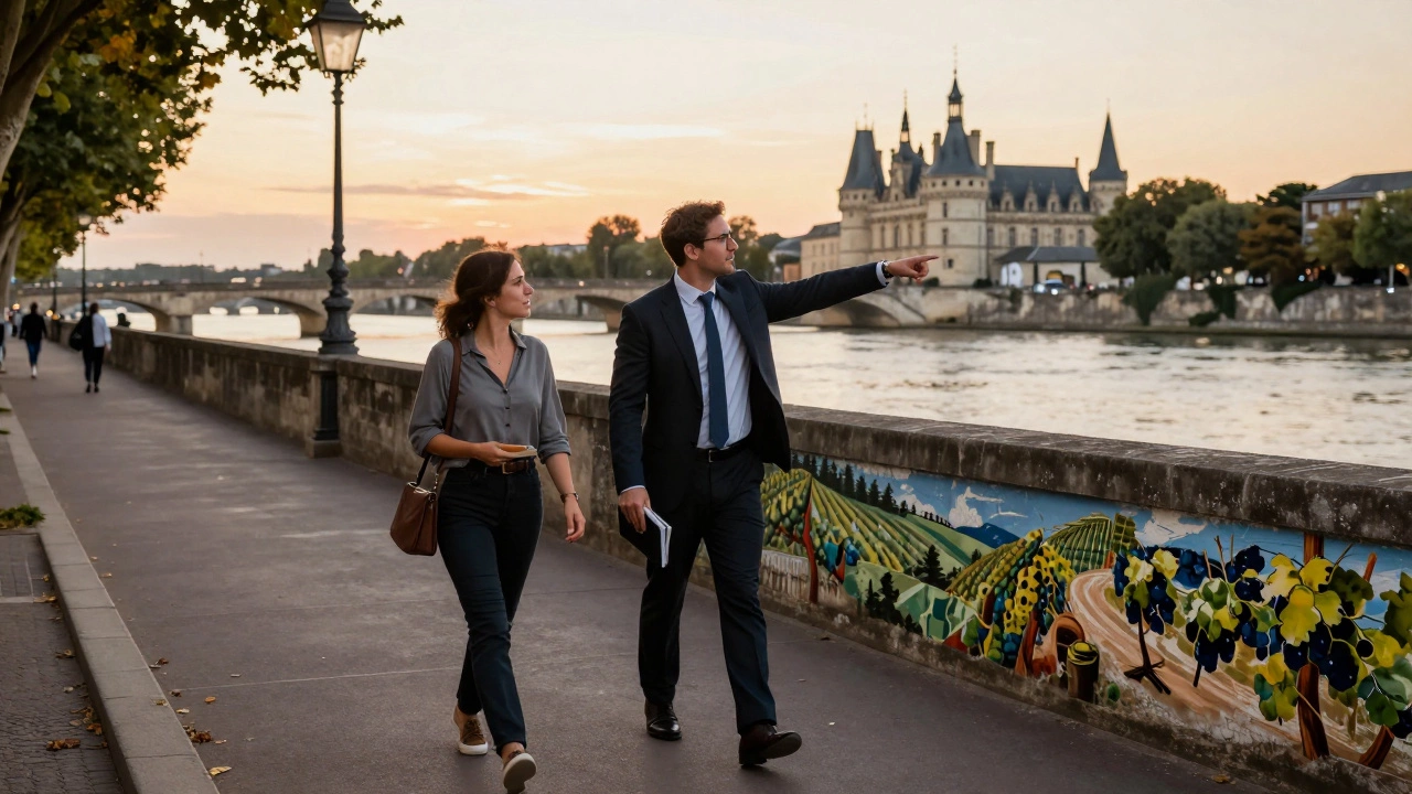 A professional companion walking along the Garonne River with a client, pointing toward a historic château at sunset.