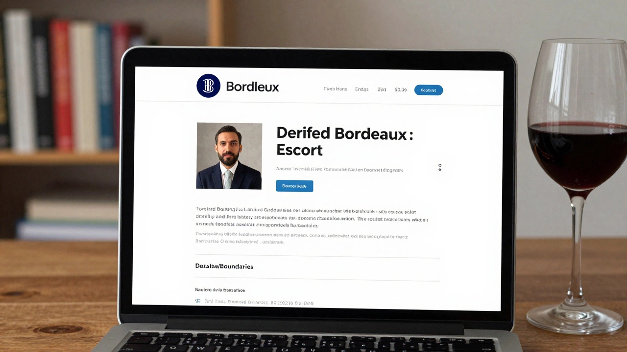 A verified escort profile on a discreet platform, showing real photos and clear boundaries with a wine glass nearby.